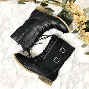 Madden Black Combat Moto Women Booties with double buckle and laces, size 7